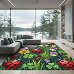 Whimsical Ladybug Flower Meadow Garden Rug