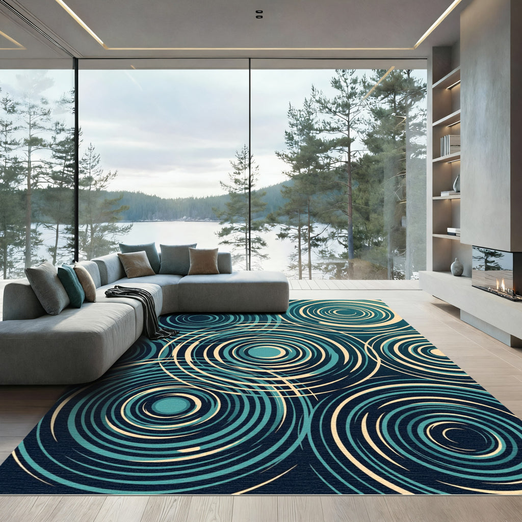 Teal and Cream Abstract Concentric Circles Rug