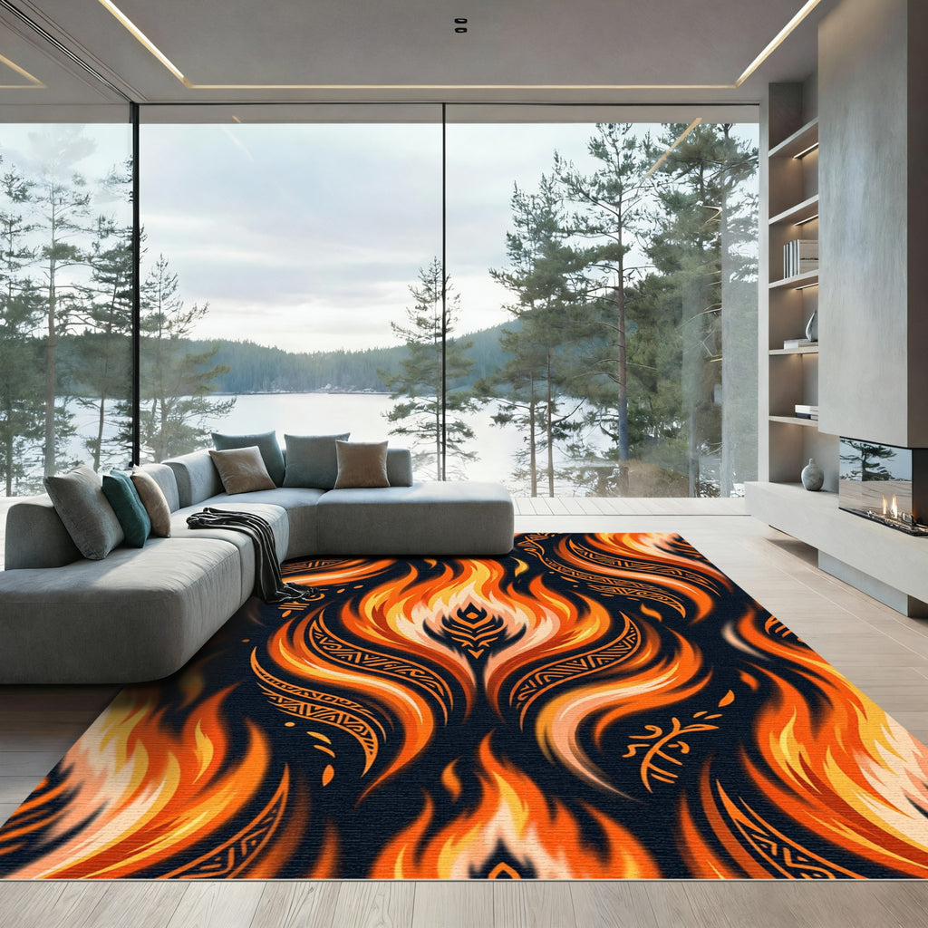 Fiery Orange Tribal Flame Accents Rug