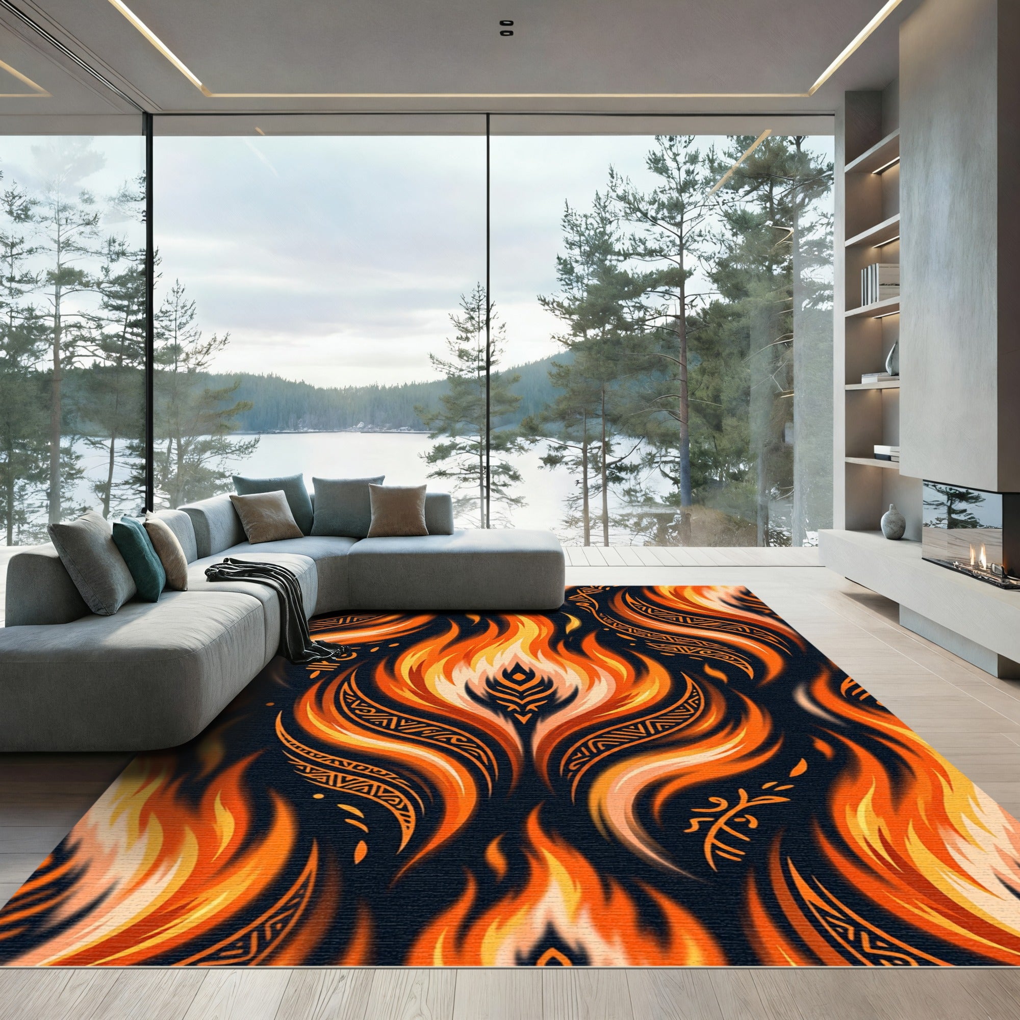 Fiery Orange Tribal Flame Accents Rug