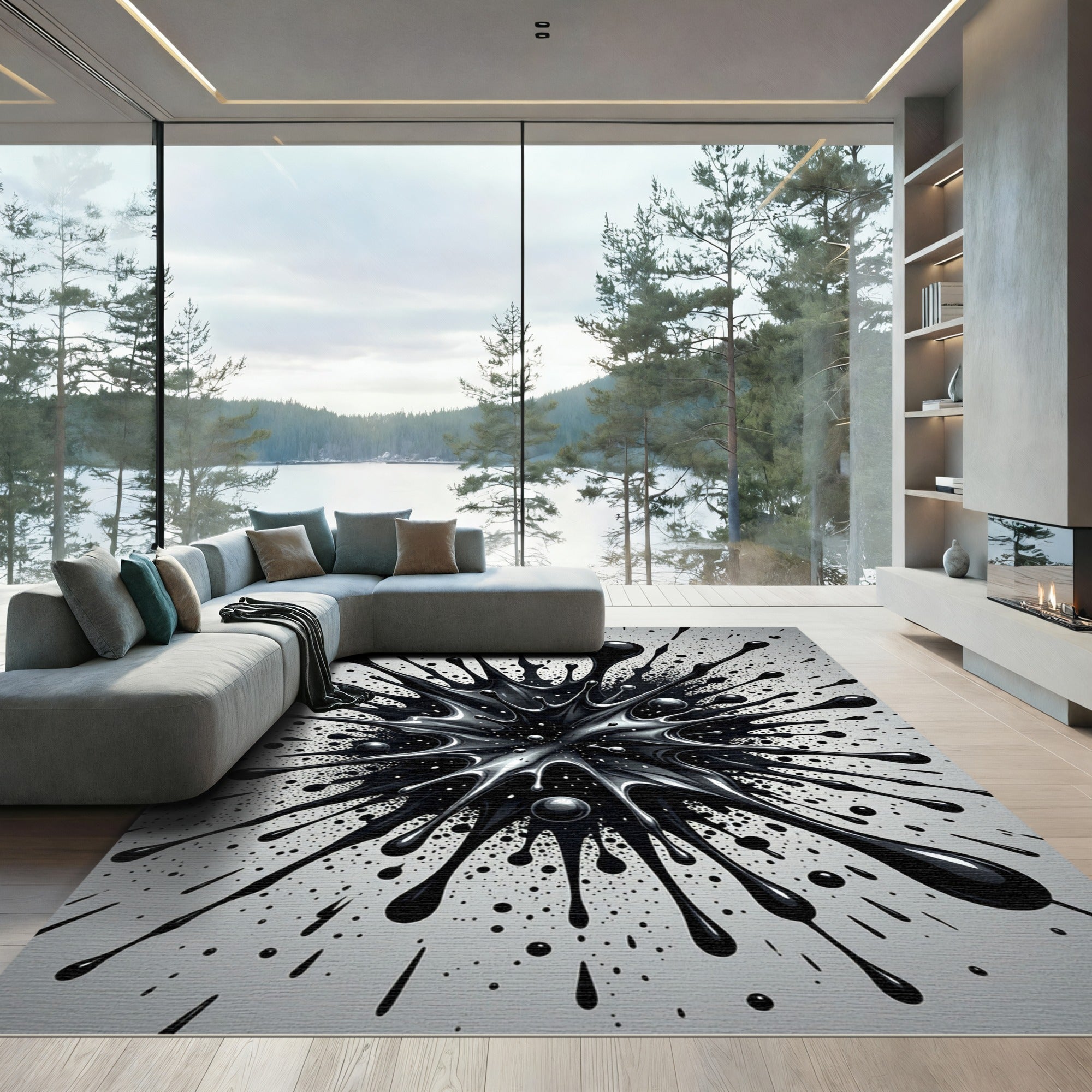 Monochrome Liquid Ink Splash Abstract Rug