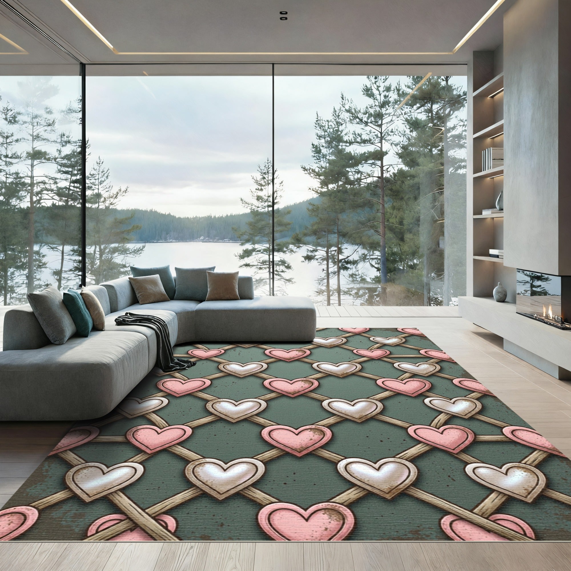 Sage Green Lattice Heart Trellis Rug
