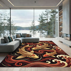 Golden Koi Fish Crimson Swirling Waves Rug