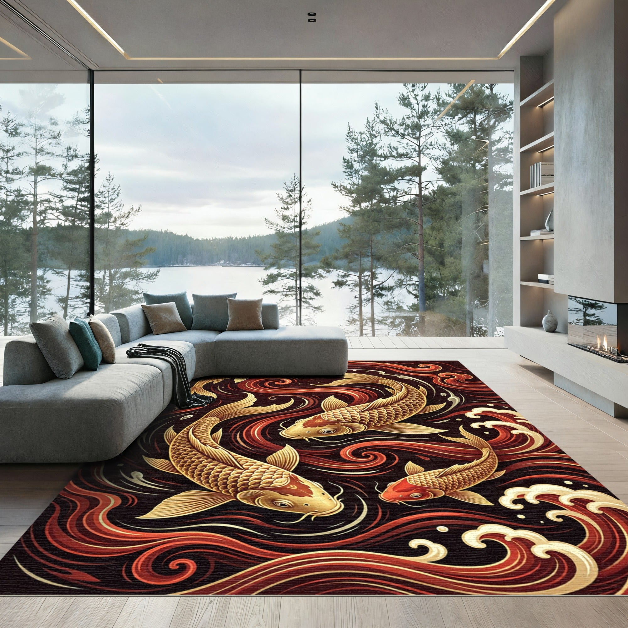 Golden Koi Fish Crimson Swirling Waves Rug