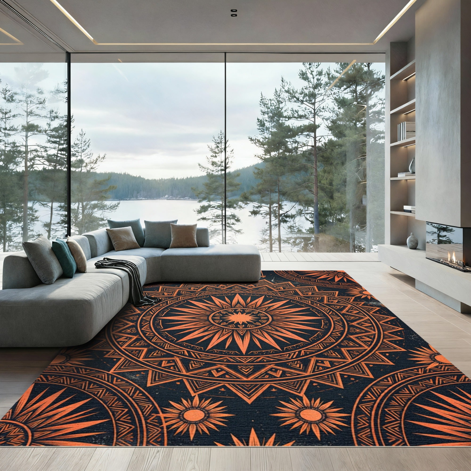 Fiery Orange Radiant Sun Mandala Rug