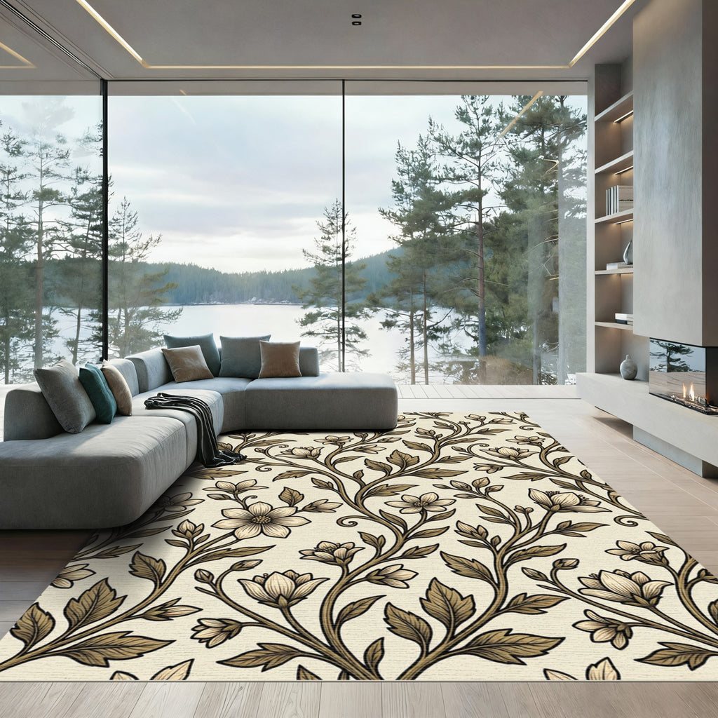 Cream and Brown Floral Vine Meadow Rug