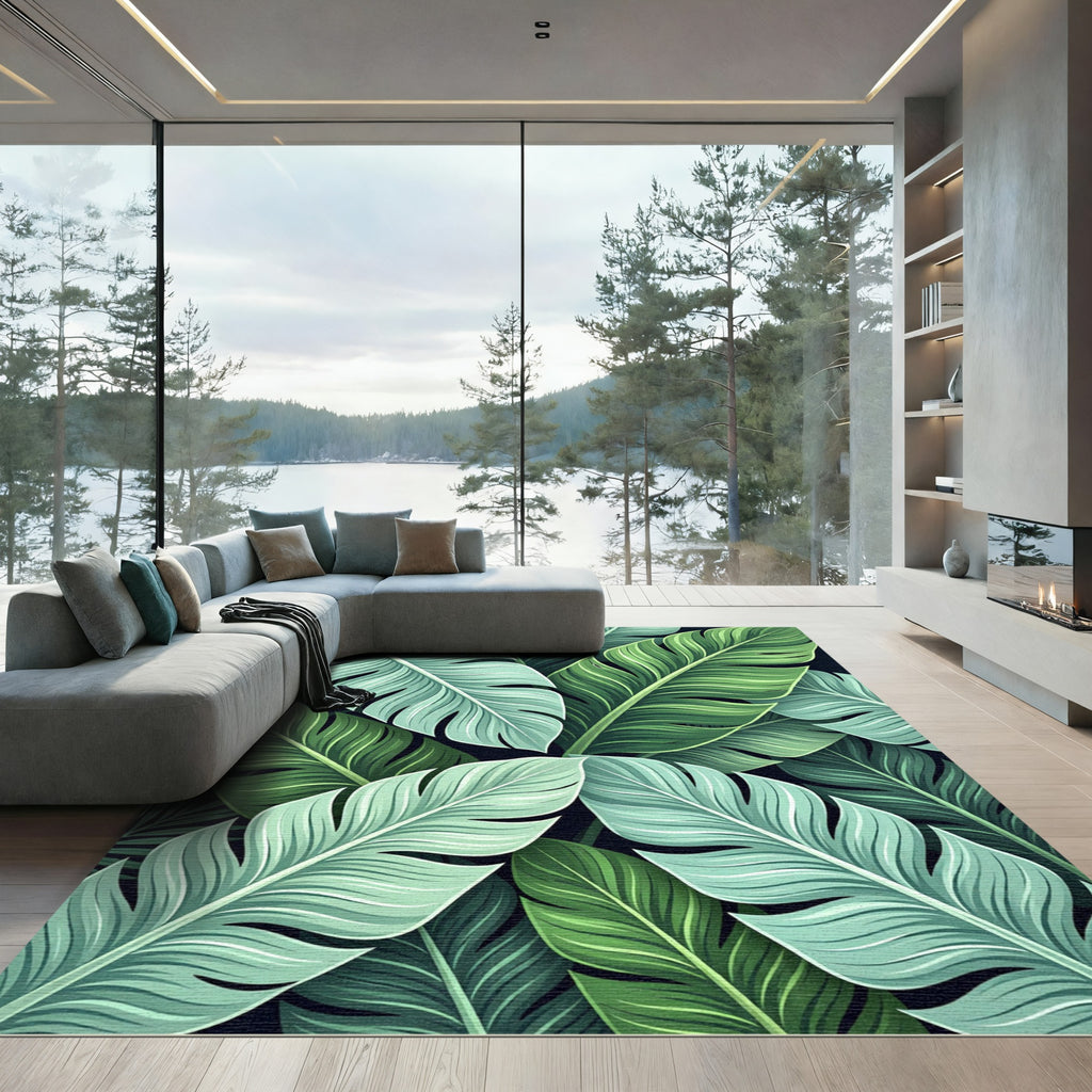 Tropical Mint Green Feathered Leaves Rug