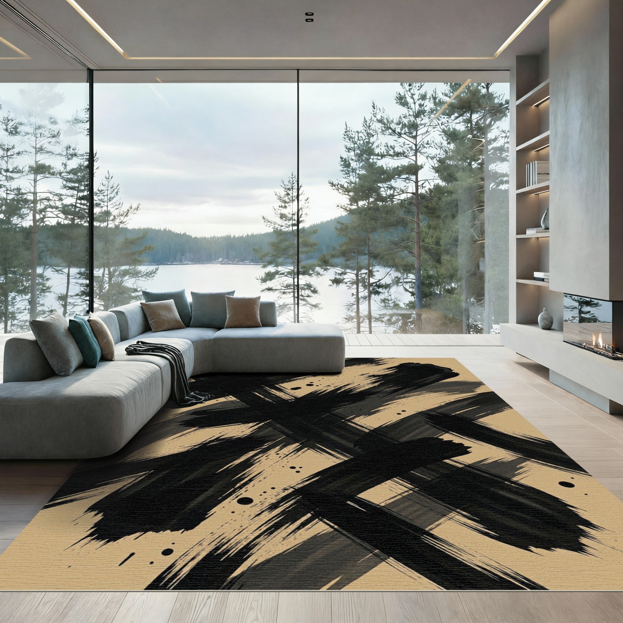 Modern Black Abstract Ink Brushstrokes Rug