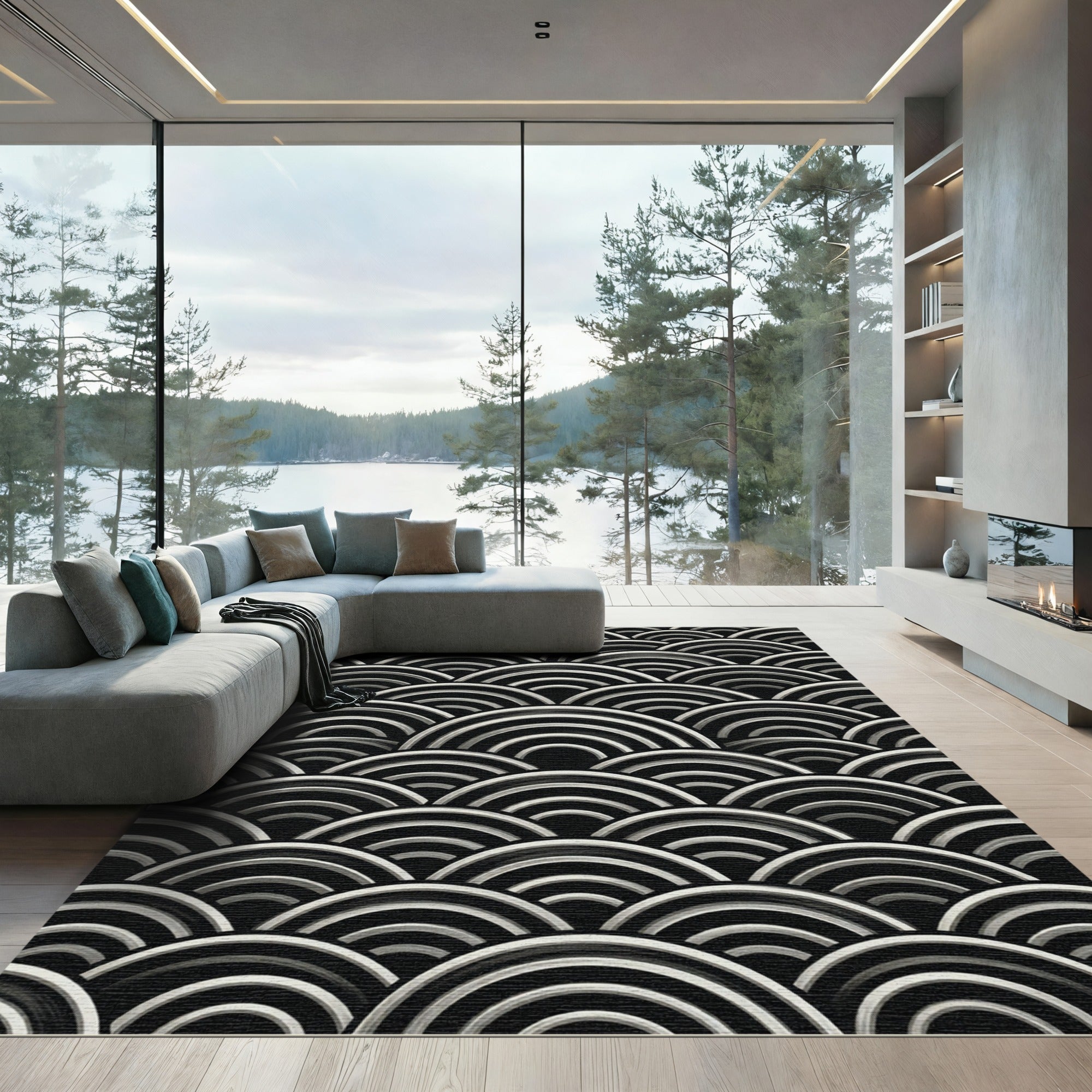 Monochrome Brushed Wave Serpentine Rug
