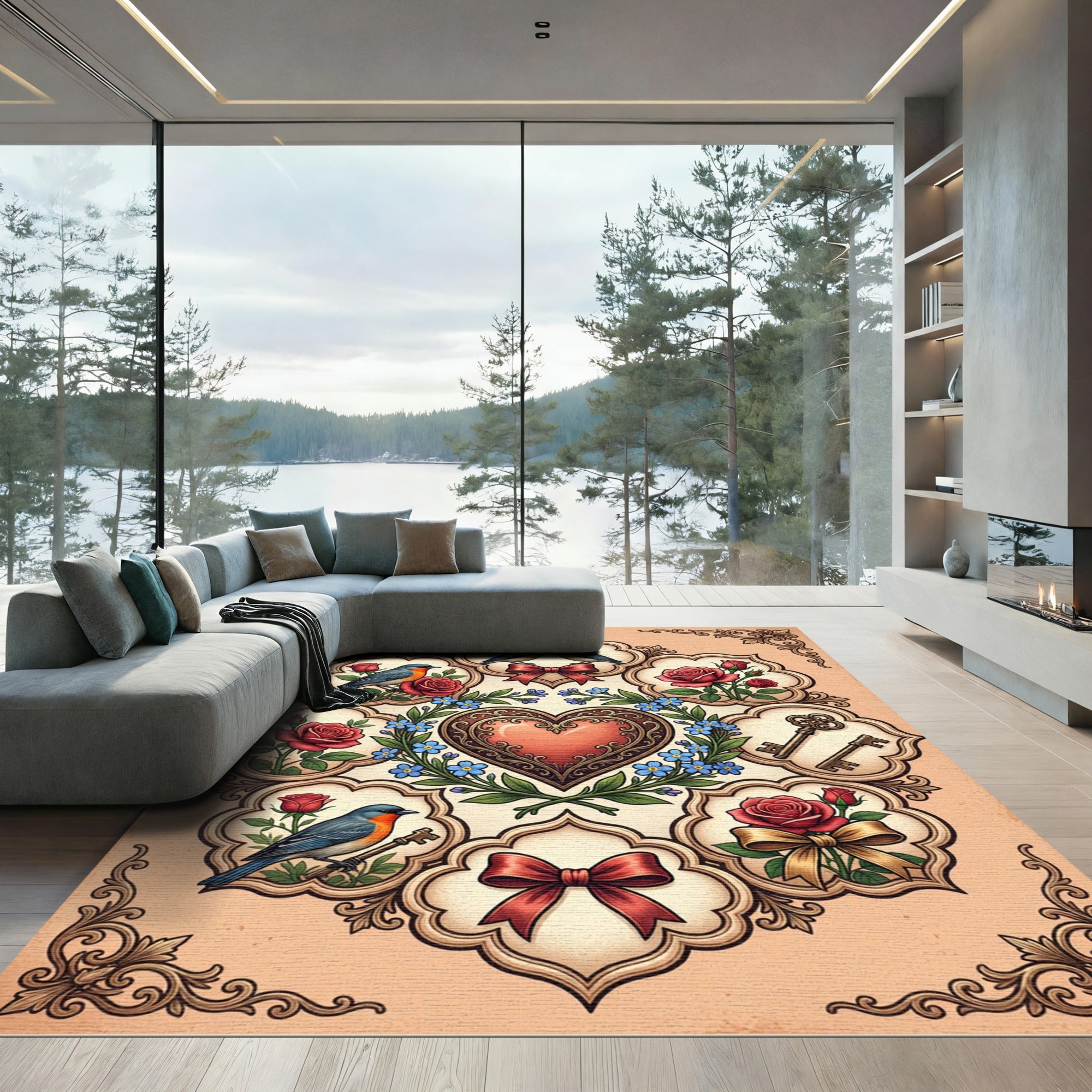 Vintage Rose Heart Birds Key Scallop Rug