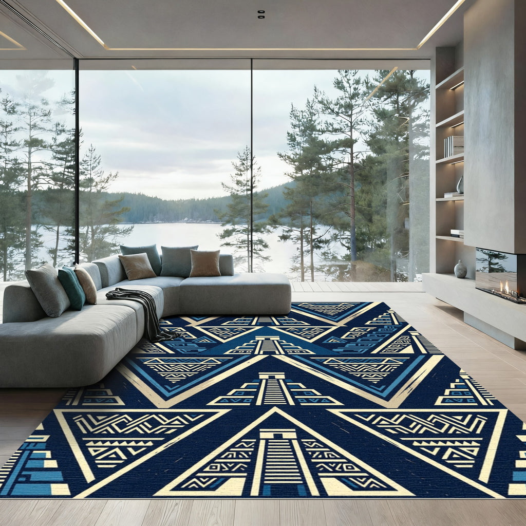 Aztec Geometric Pyramid Navy Blue Tapestry Rug