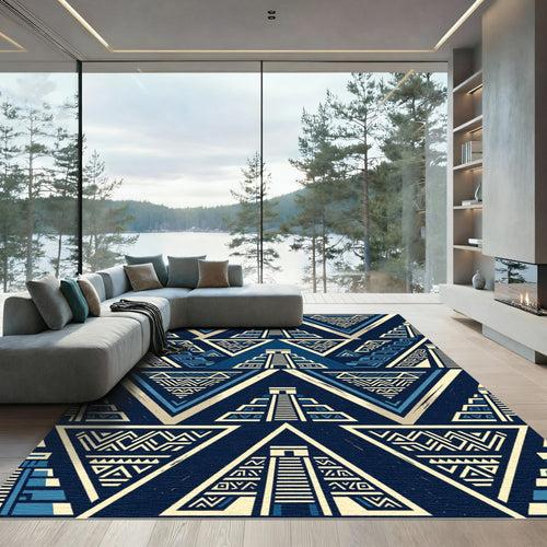 Aztec Geometric Pyramid Navy Blue Tapestry Rug
