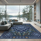 Elegant Navy Blue Floral Lotus Medallion Rug