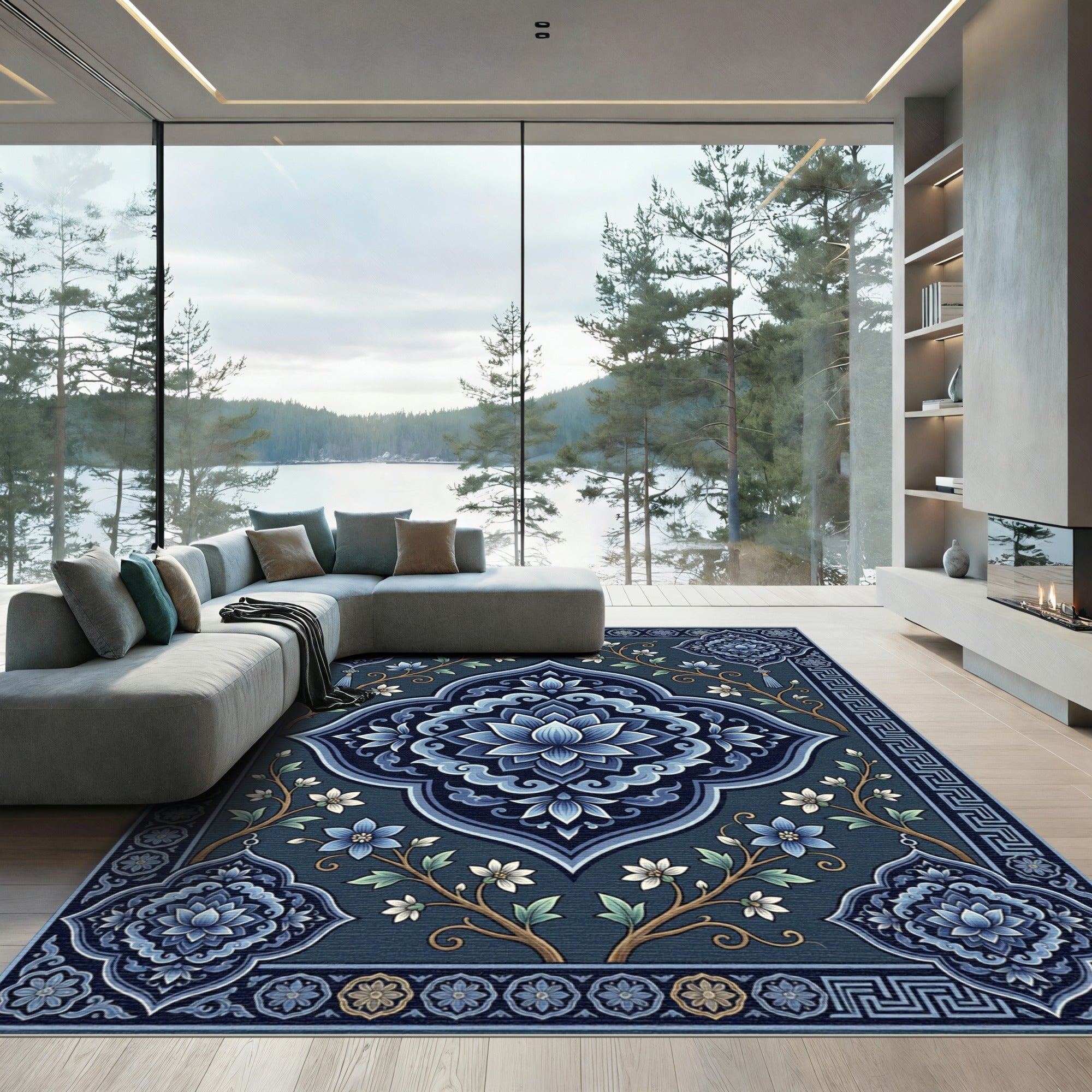 Elegant Navy Blue Floral Lotus Medallion Rug