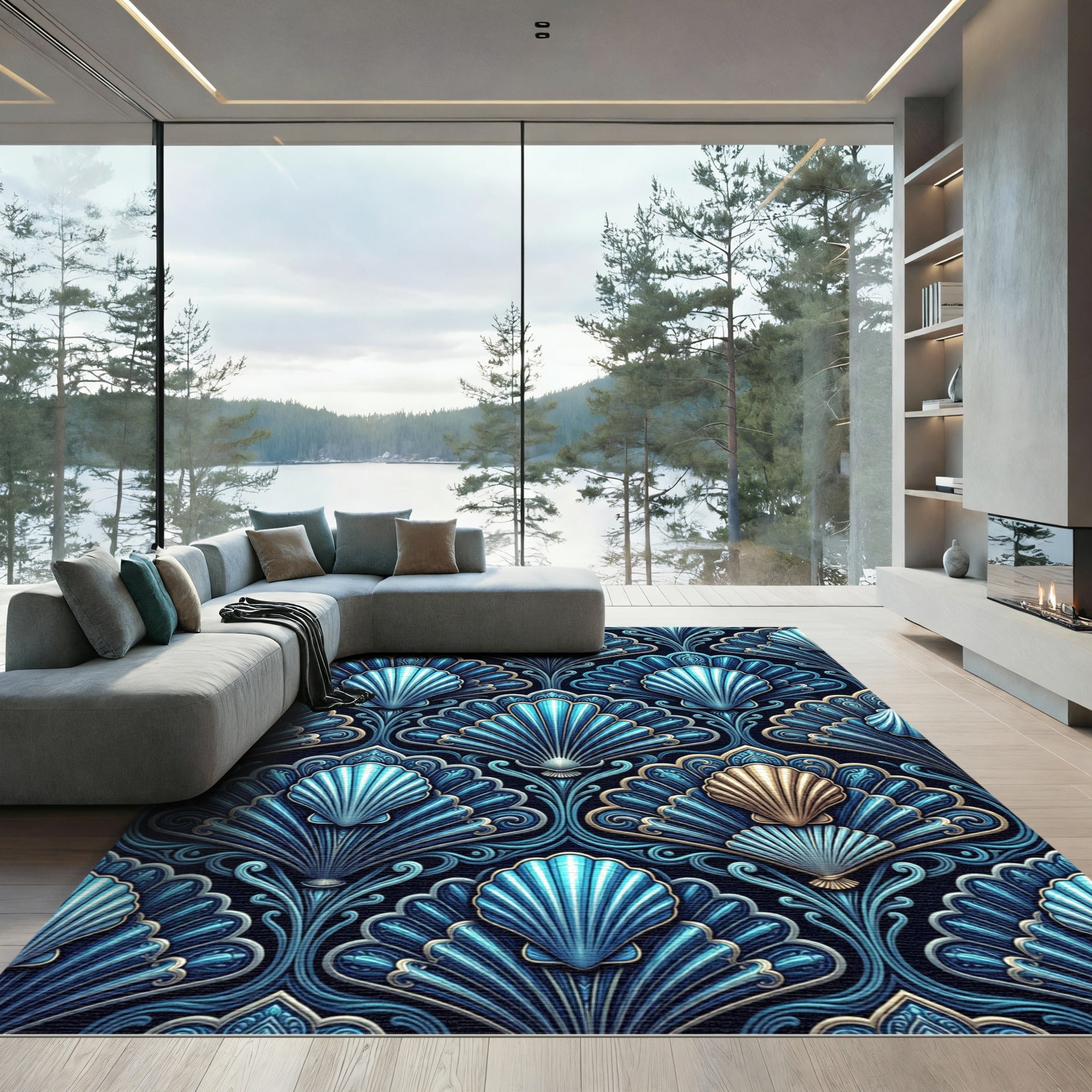 Oceanic Teal Shell Fan Repeats Rug