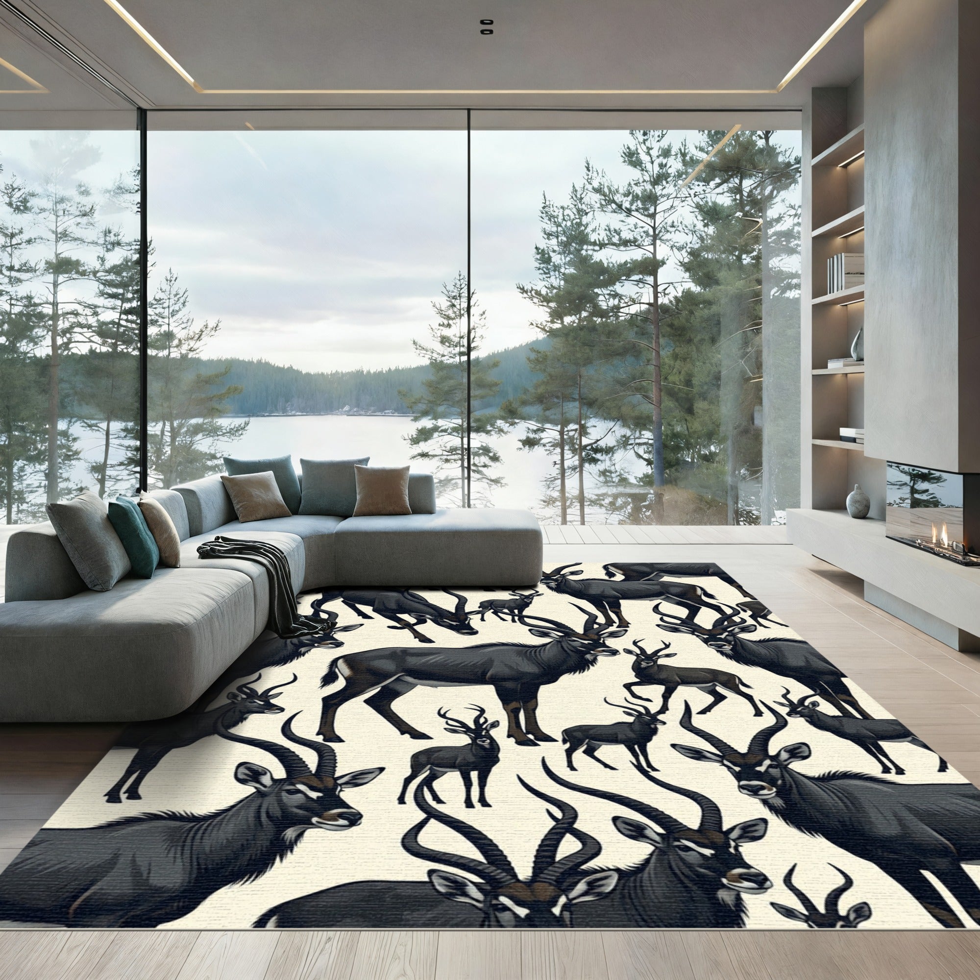 Sable Antelope Dark Wildlife Illustration Rug
