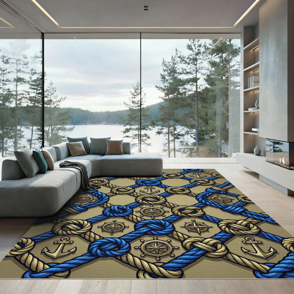 Nautical Blue Gold Rope Anchor Compass Rug