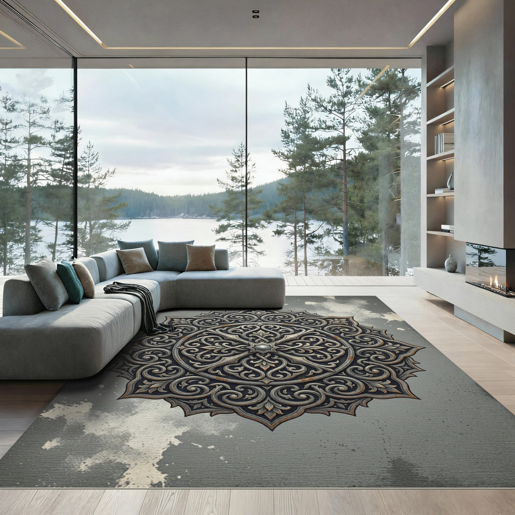 Ornate Gray Filigree Mandala Rug