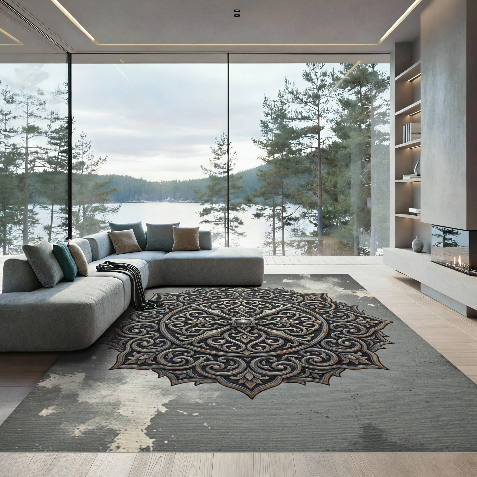 Ornate Gray Filigree Mandala Rug