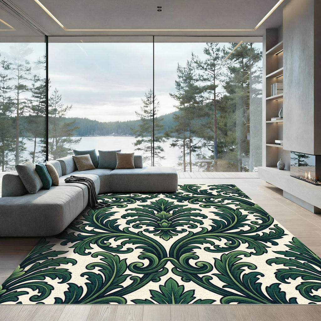 Ornate Emerald Scrollwork Damask Rug