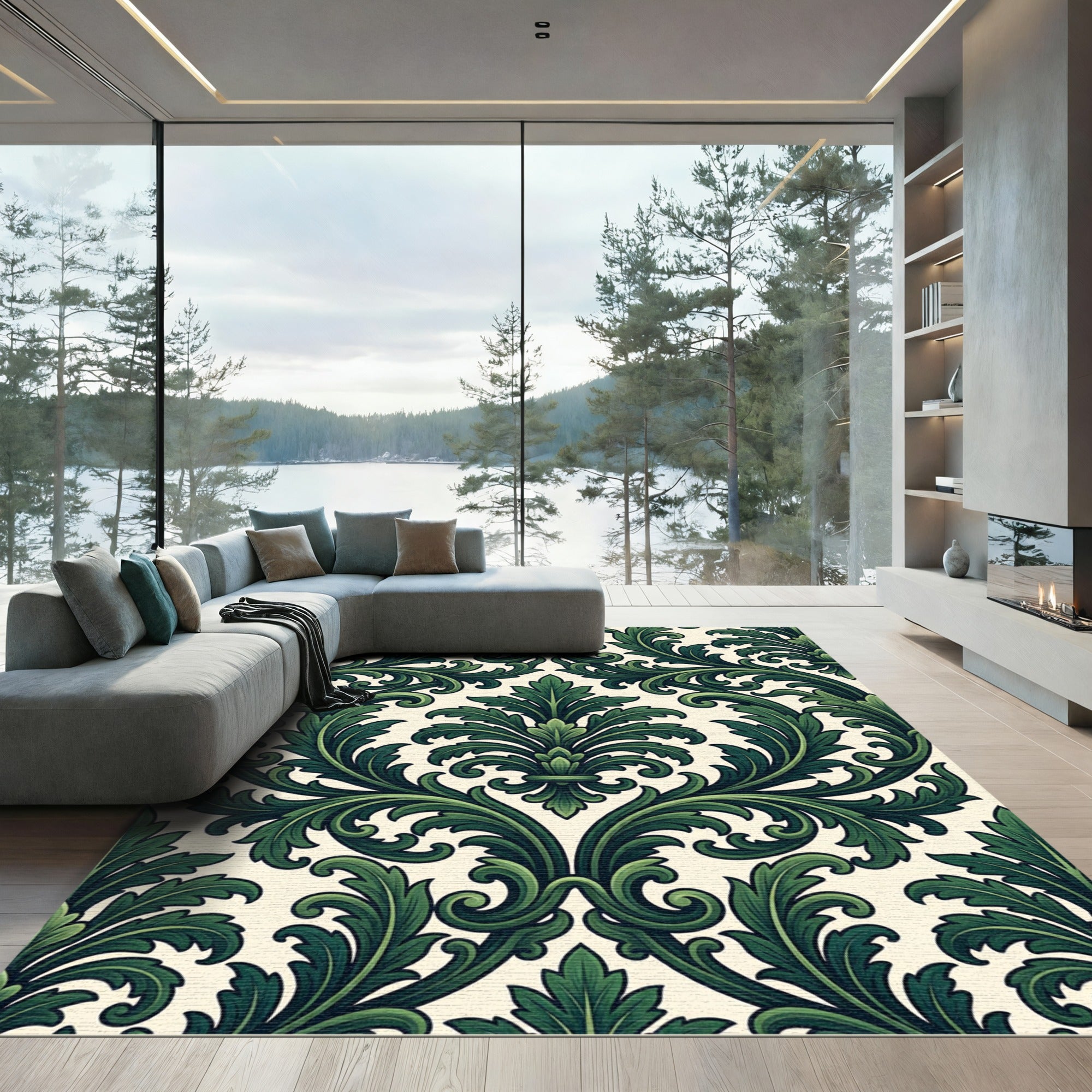Ornate Emerald Scrollwork Damask Rug
