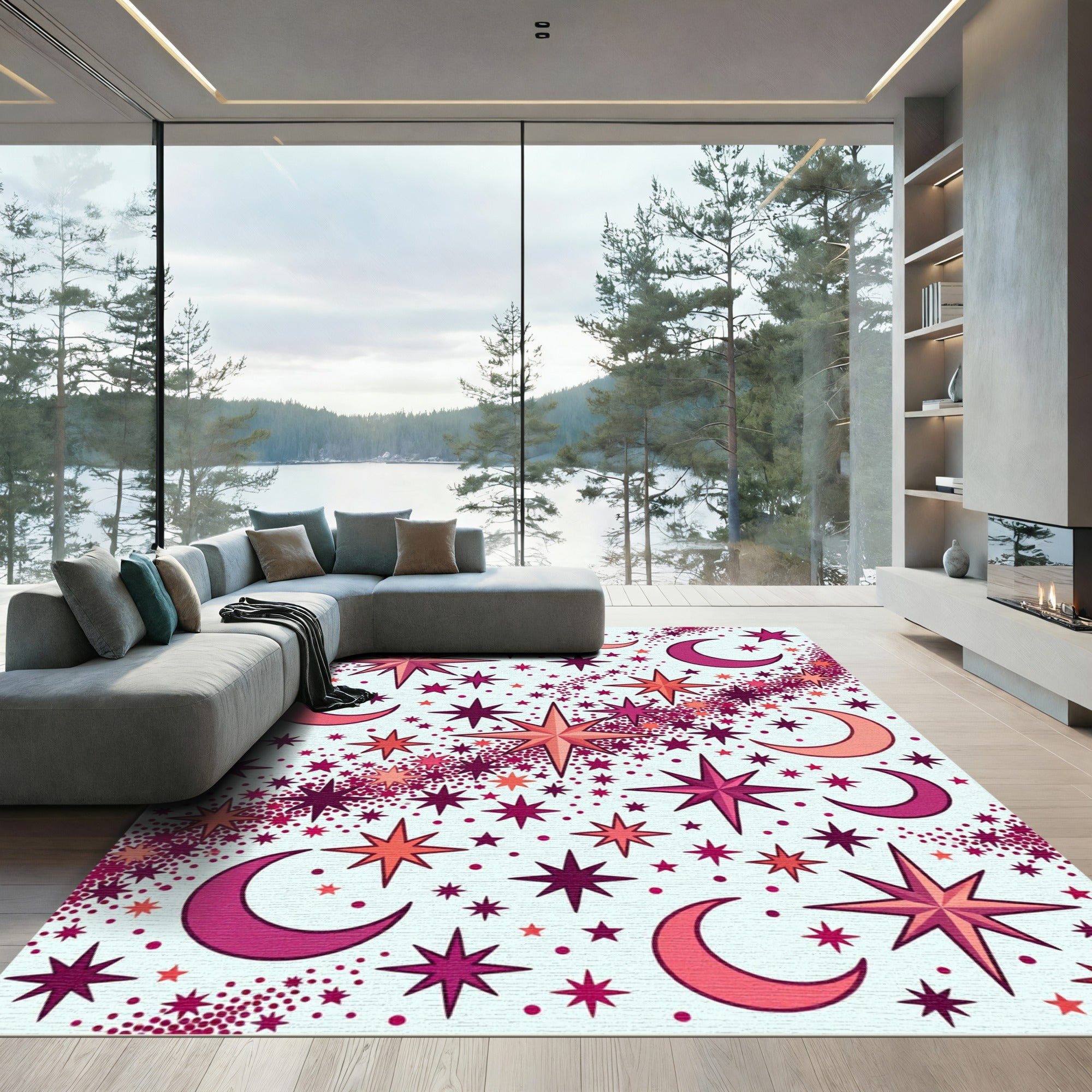 Cosmic Crimson Stars Crescent Moons Rug