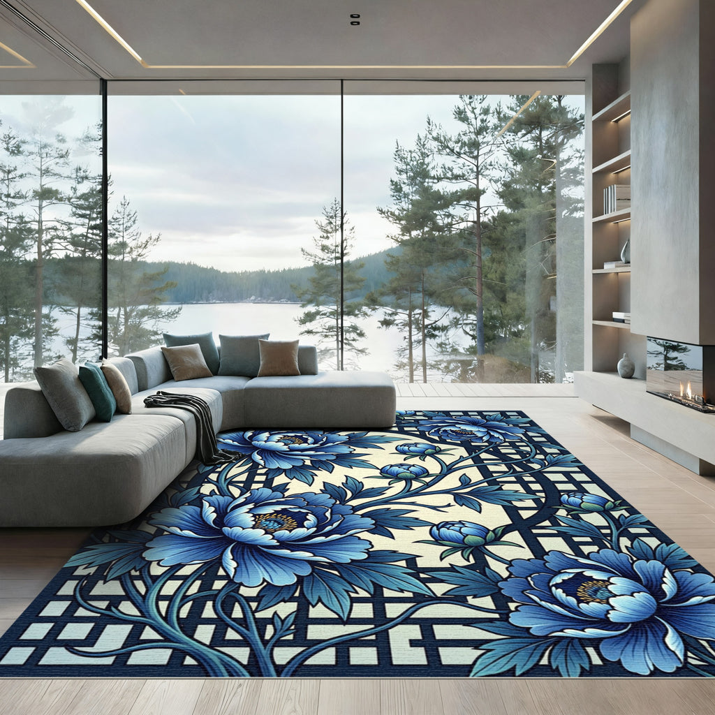 Vibrant Blue Floral Lattice Composition Rug