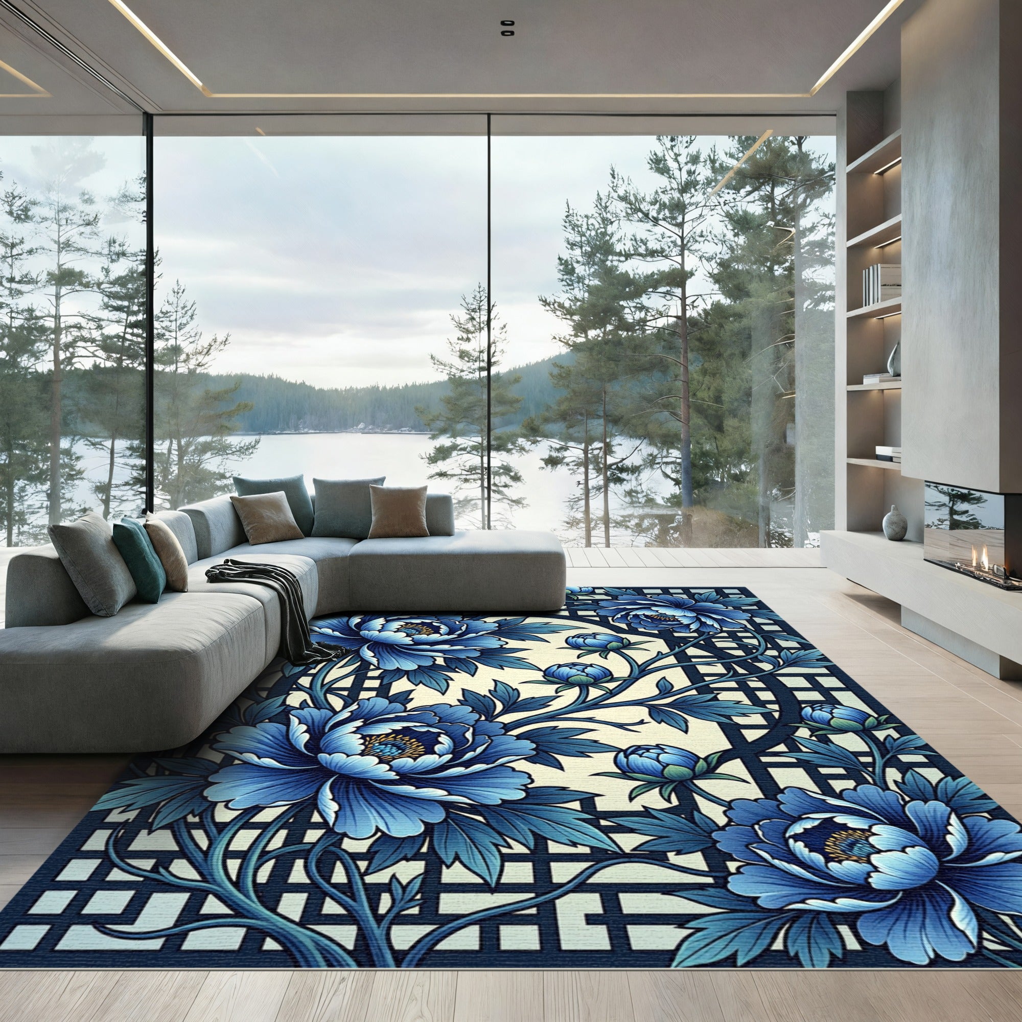 Vibrant Blue Floral Lattice Composition Rug