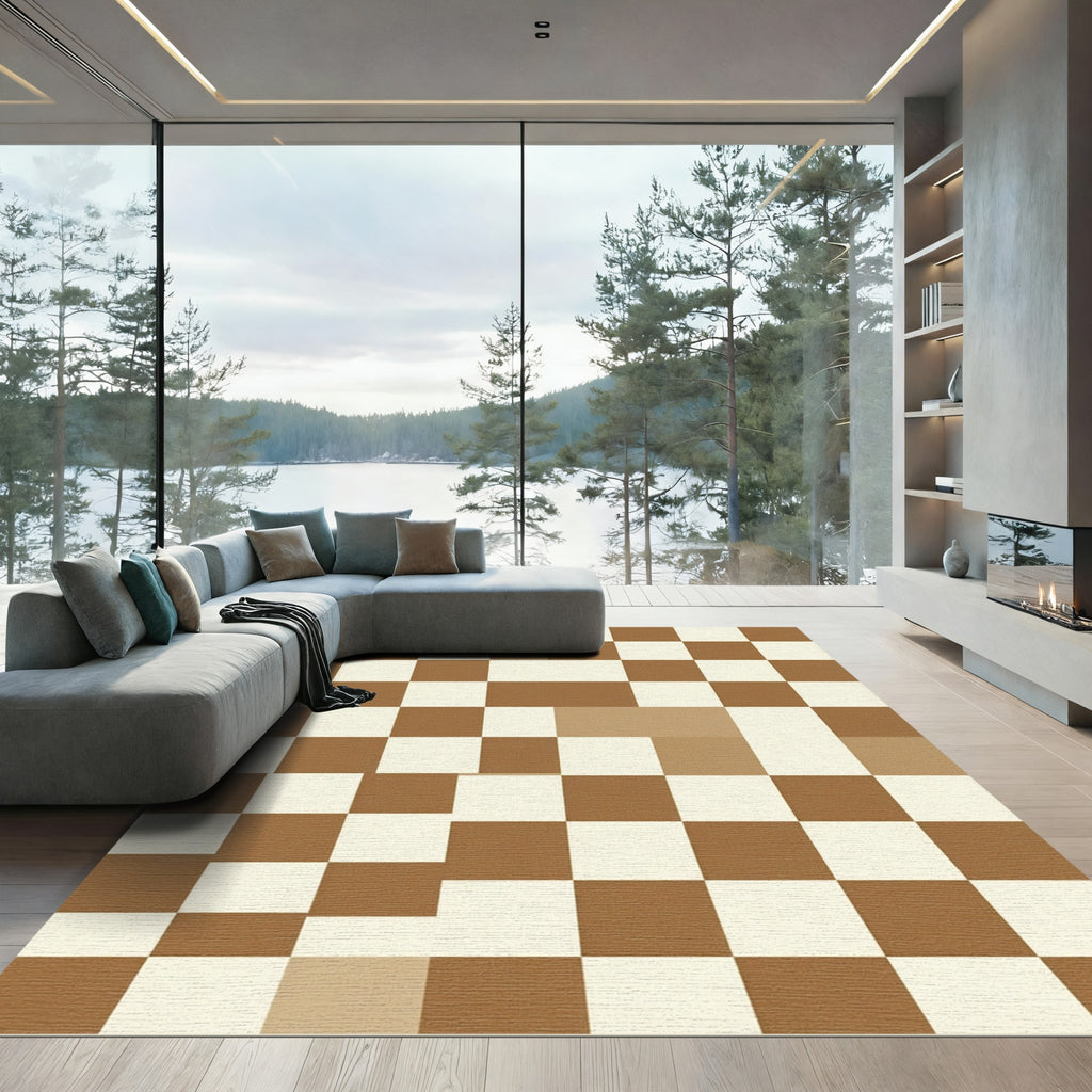 Brown Cream Checkerboard Squares Rug