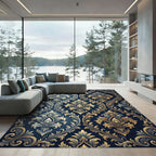 Ornate Navy Gold Damask Scroll Rug