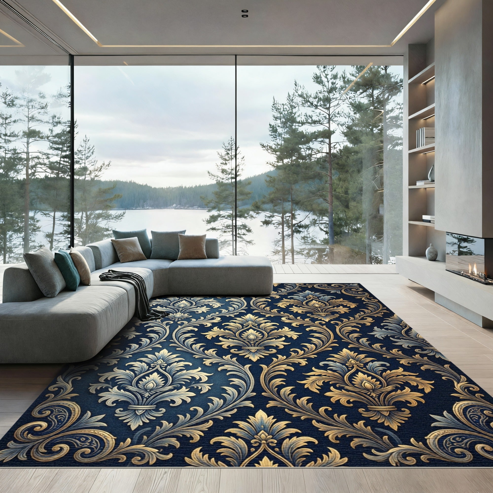 Ornate Navy Gold Damask Scroll Rug