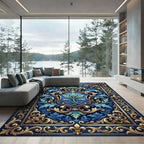 Royal Blue Golden Flourish Filigree Rug