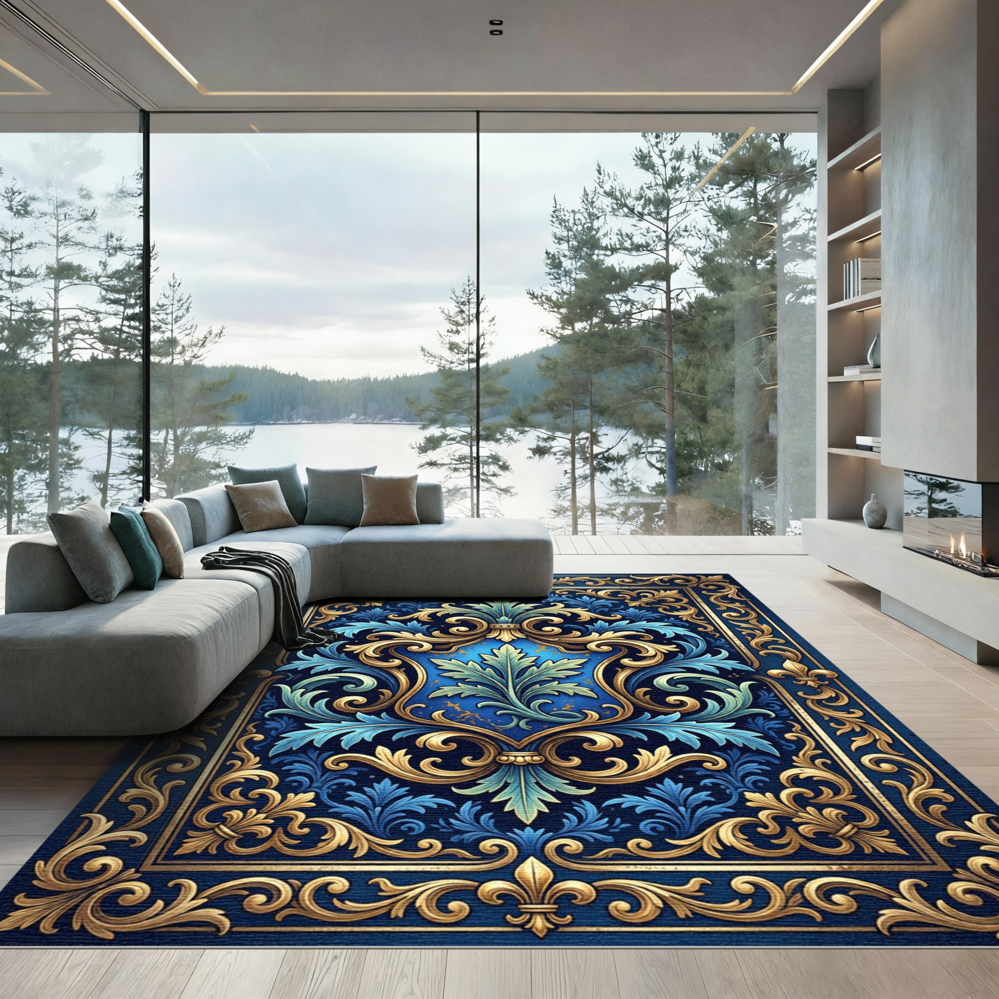 Royal Blue Golden Flourish Filigree Rug
