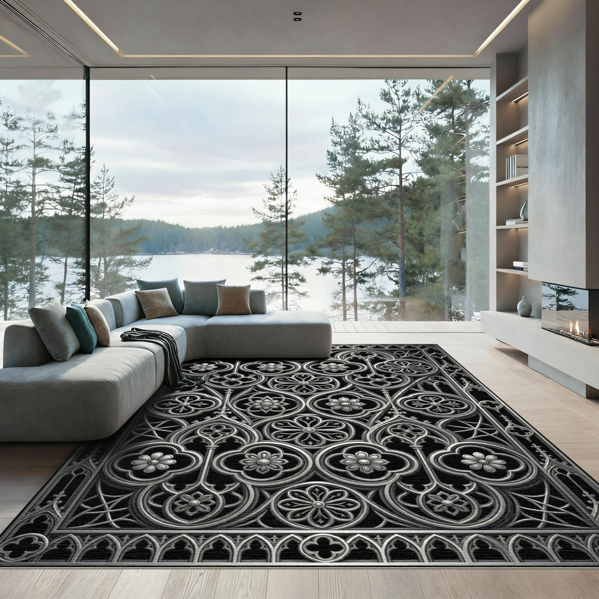 Gothic Silver Filigree Floral Ironwork Rug