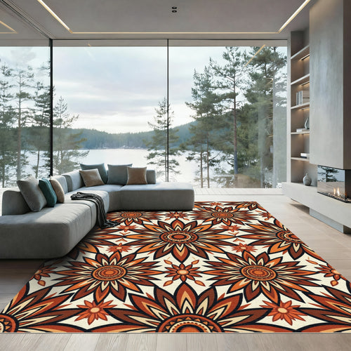 Autumnal Terracotta Floral Sunburst Medallion Rug