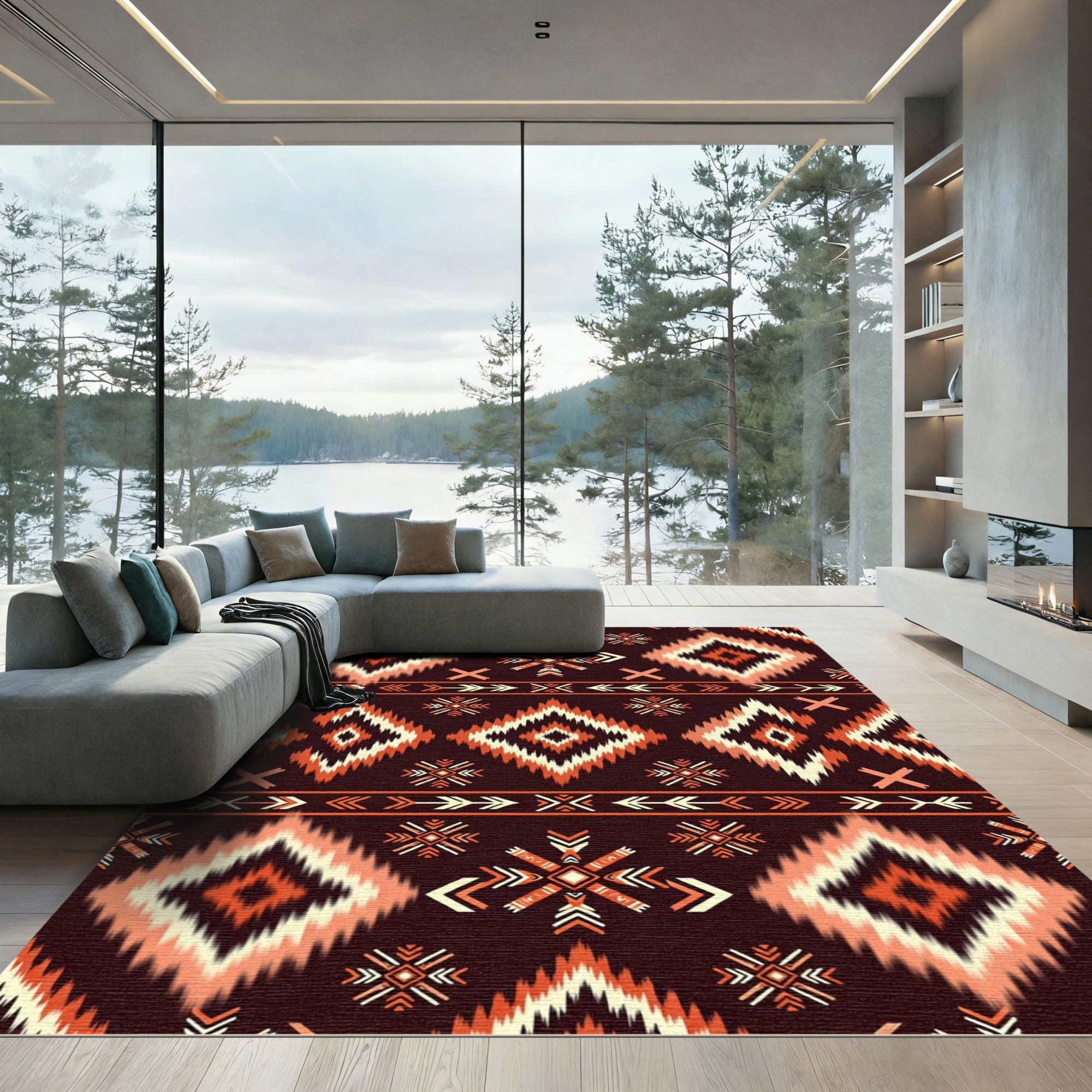 Earthy Orange Tribal Geometric Diamond Rug