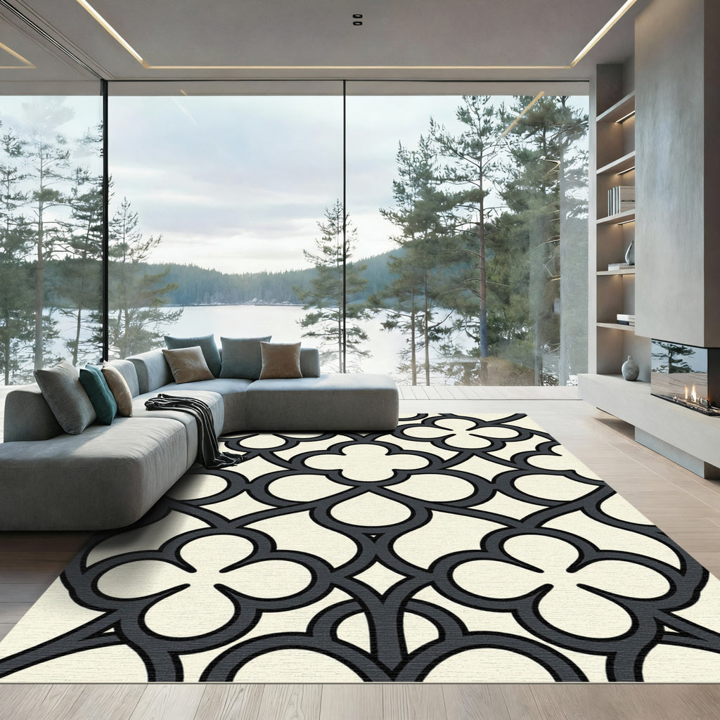Elegant Charcoal Quatrefoil Geometric Cream Art Rug