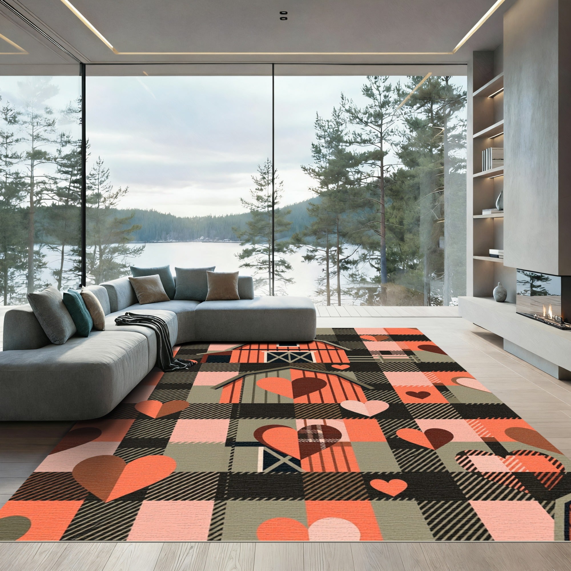 Red Barn Heart Buffalo Plaid Rug