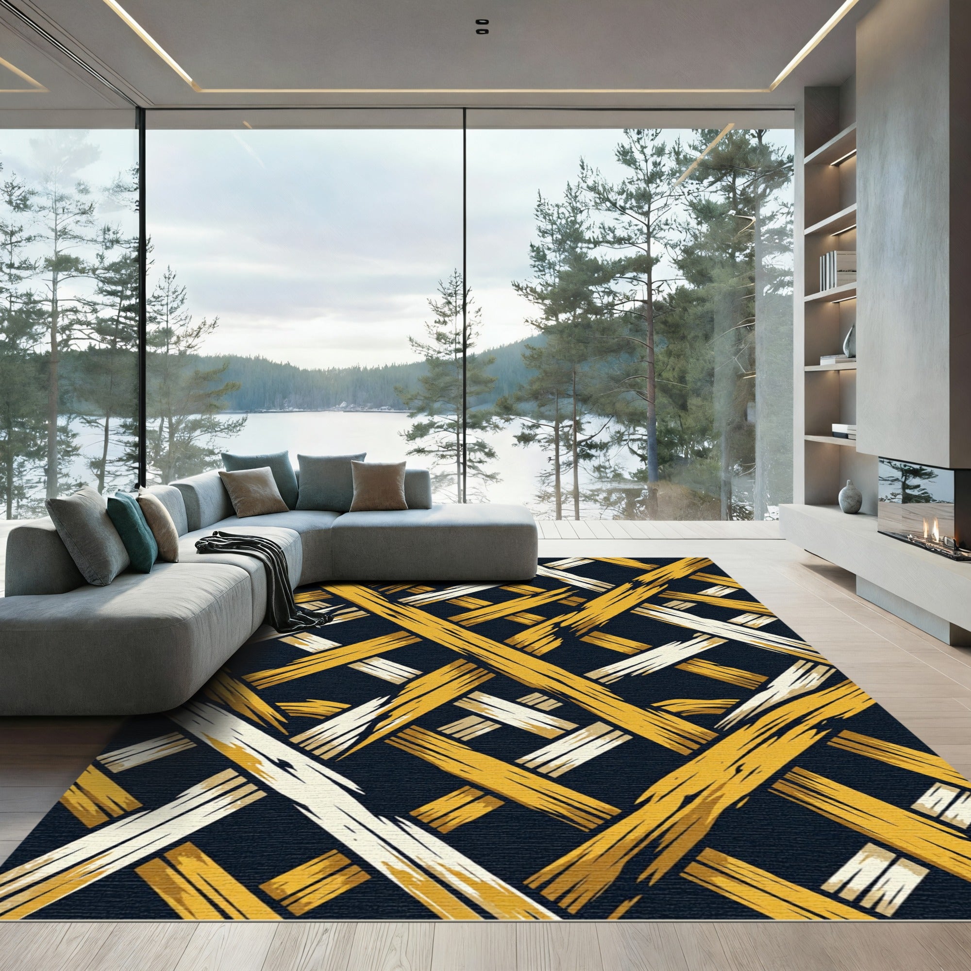 Golden Bamboo Lattice Overlay Rug