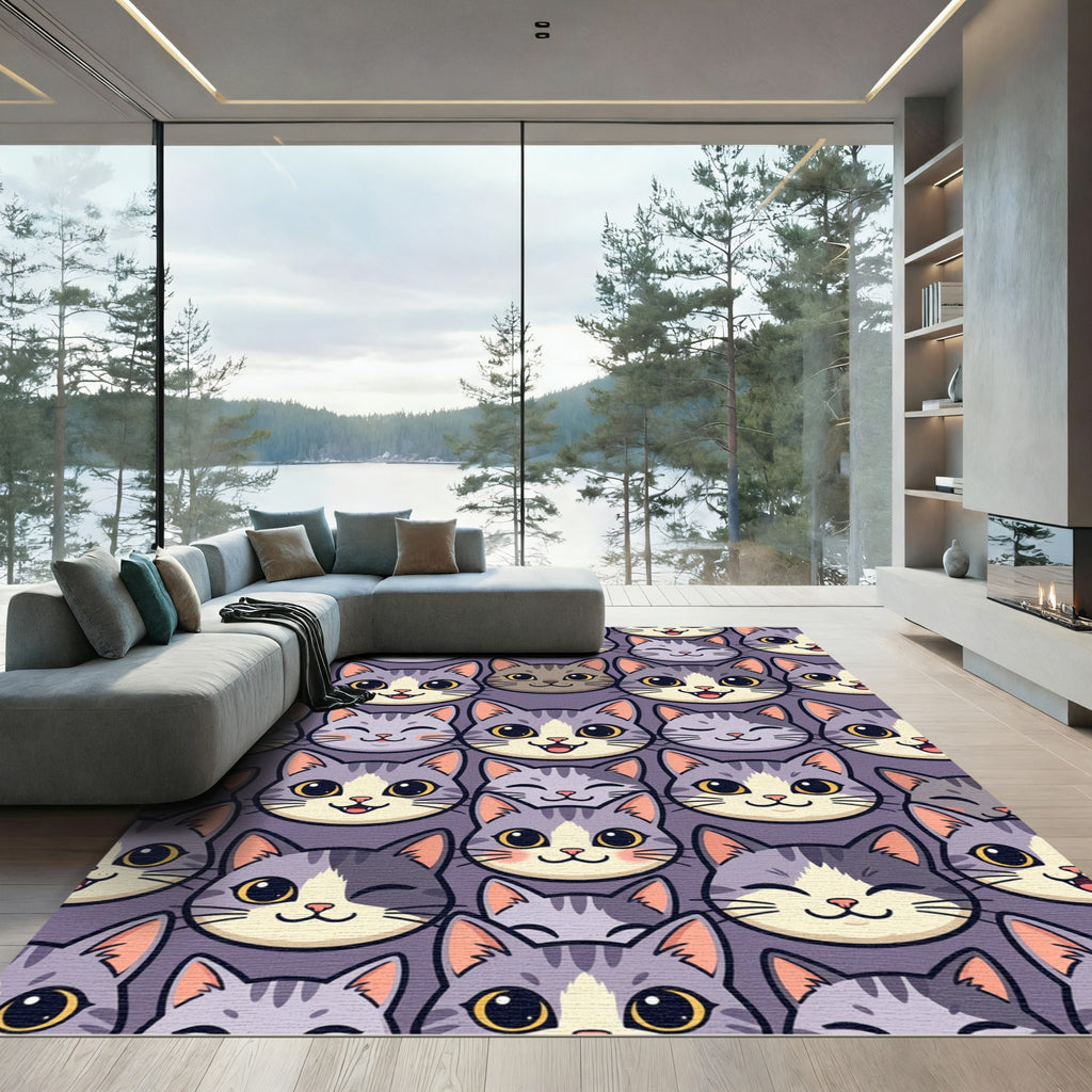 Whimsical Purple Kitten Face Grid Rug