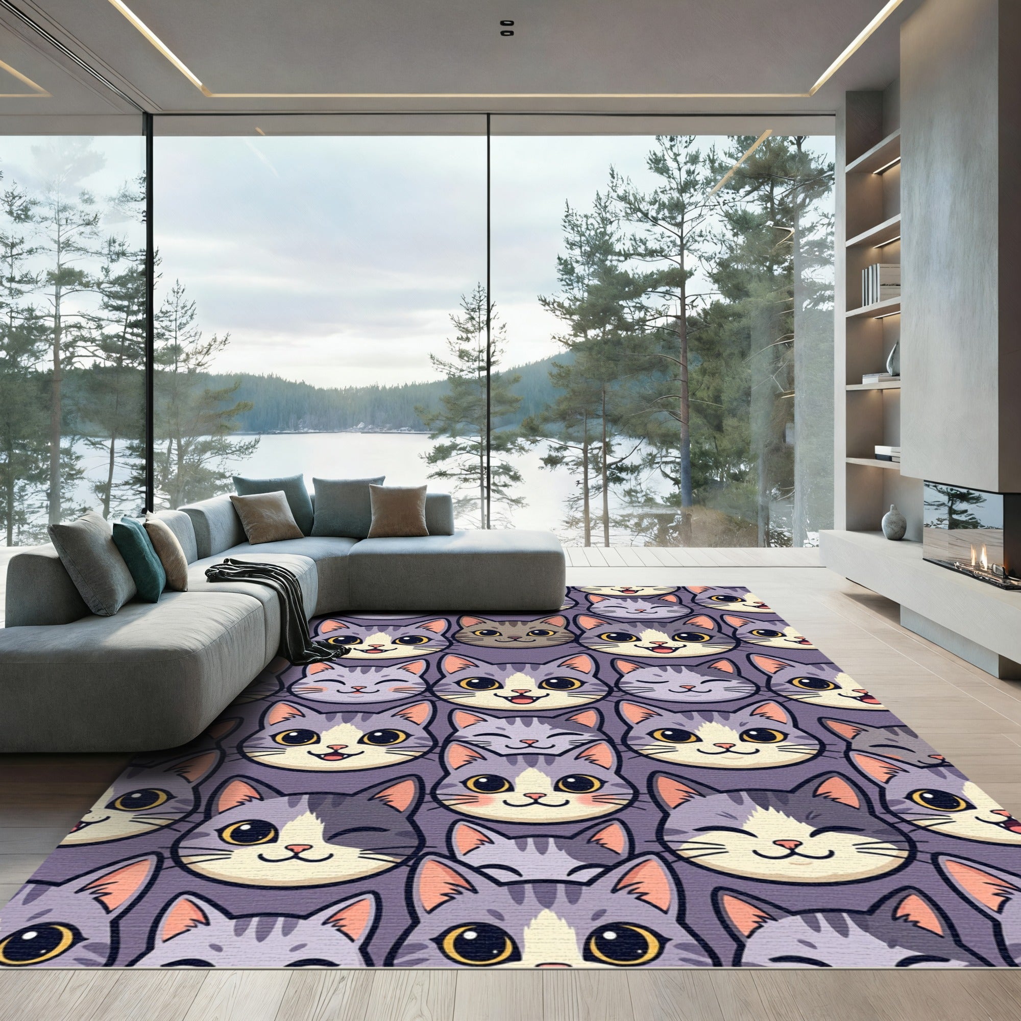 Whimsical Purple Kitten Face Grid Rug
