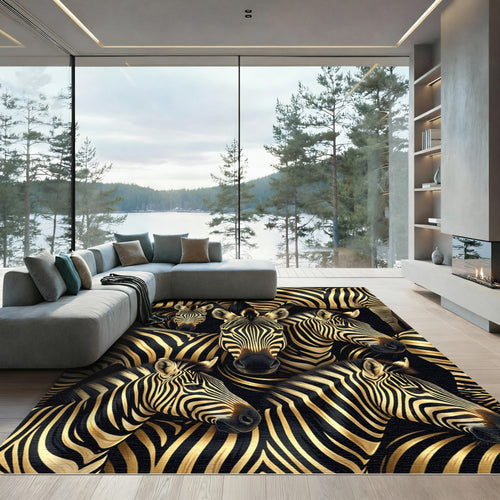 Black Gold Zebra Herd Portrait Rug