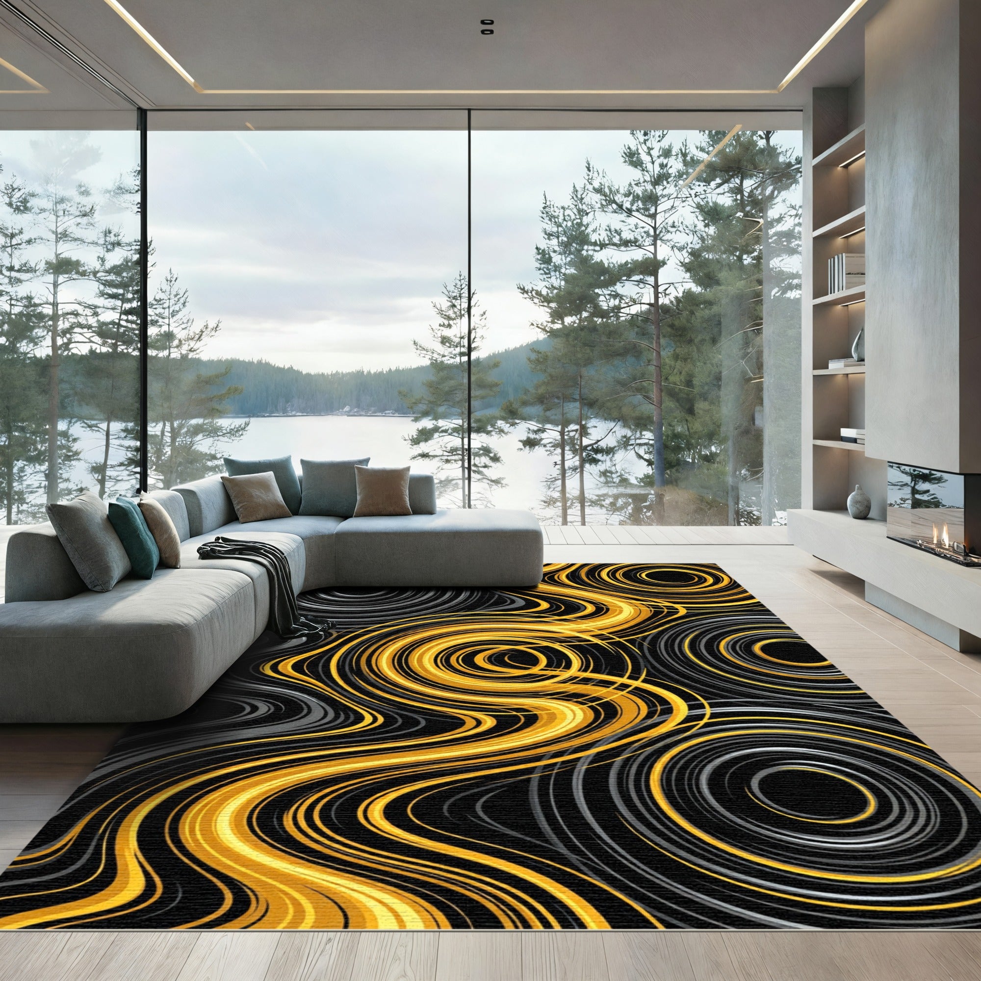 Golden Swirl Liquid Vortex Abstract Rug