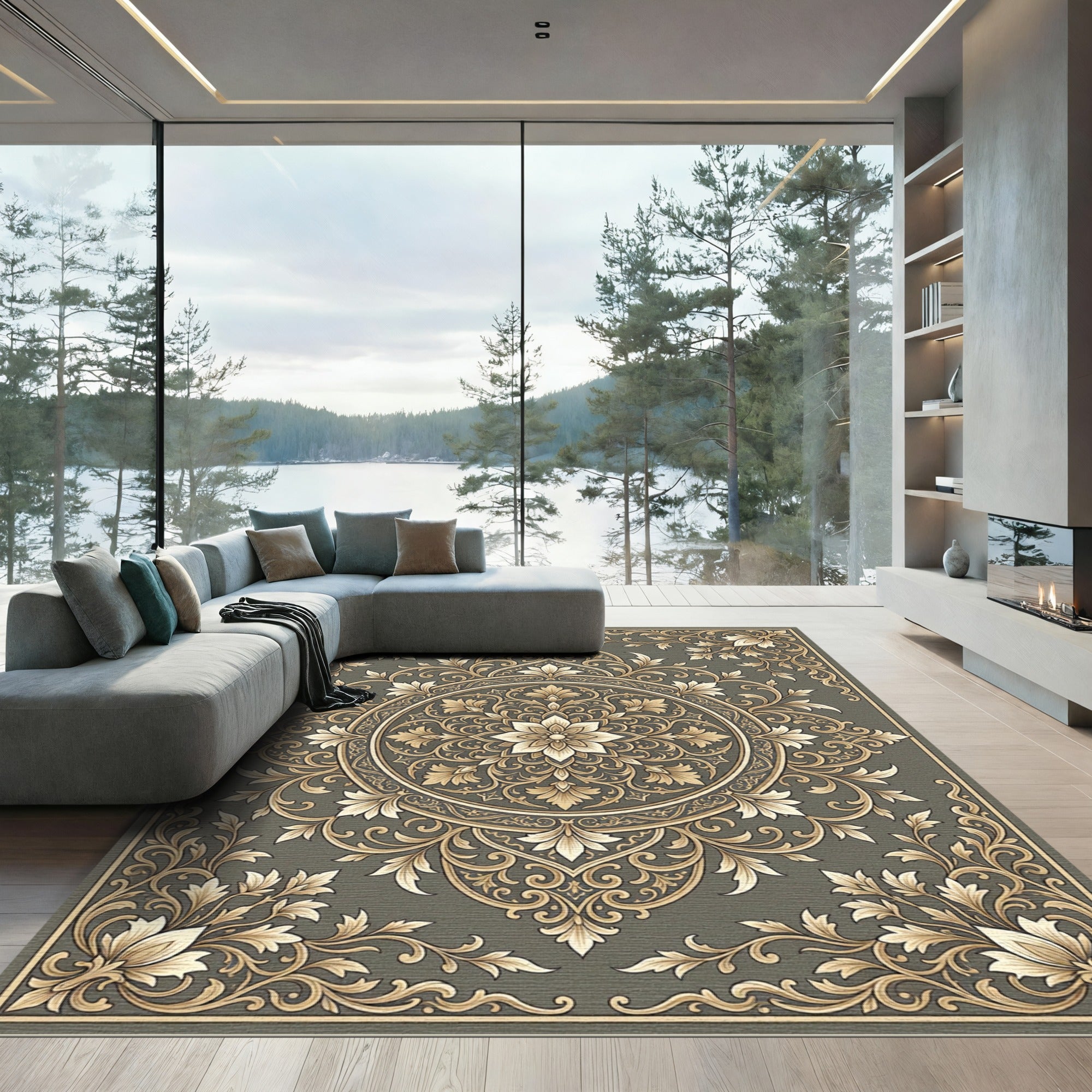 Antique Gold Floral Frame Scroll Rug