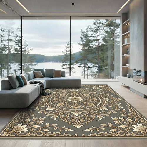 Antique Gold Floral Frame Scroll Rug