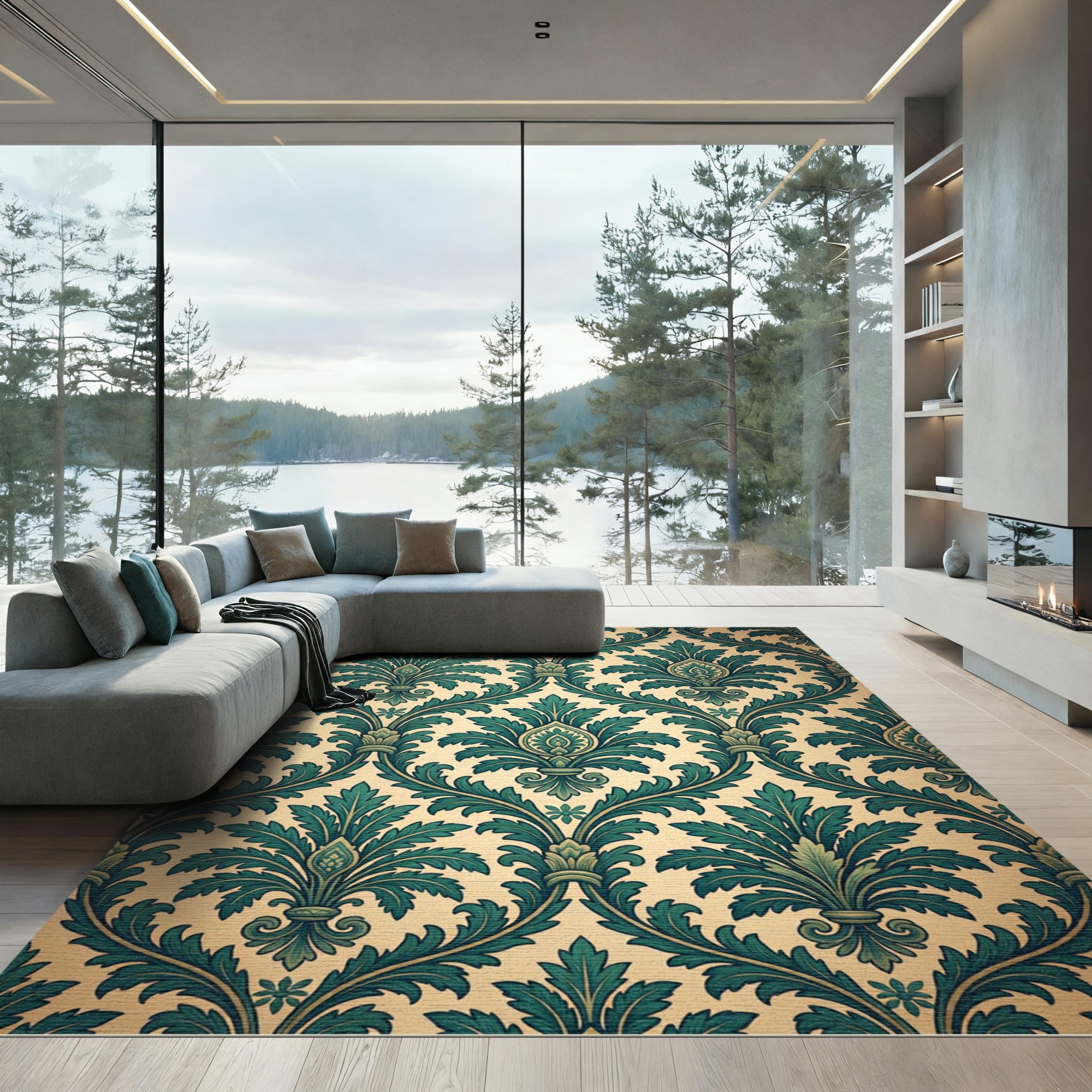 Emerald Damask Scroll Botanical Verdant Rug