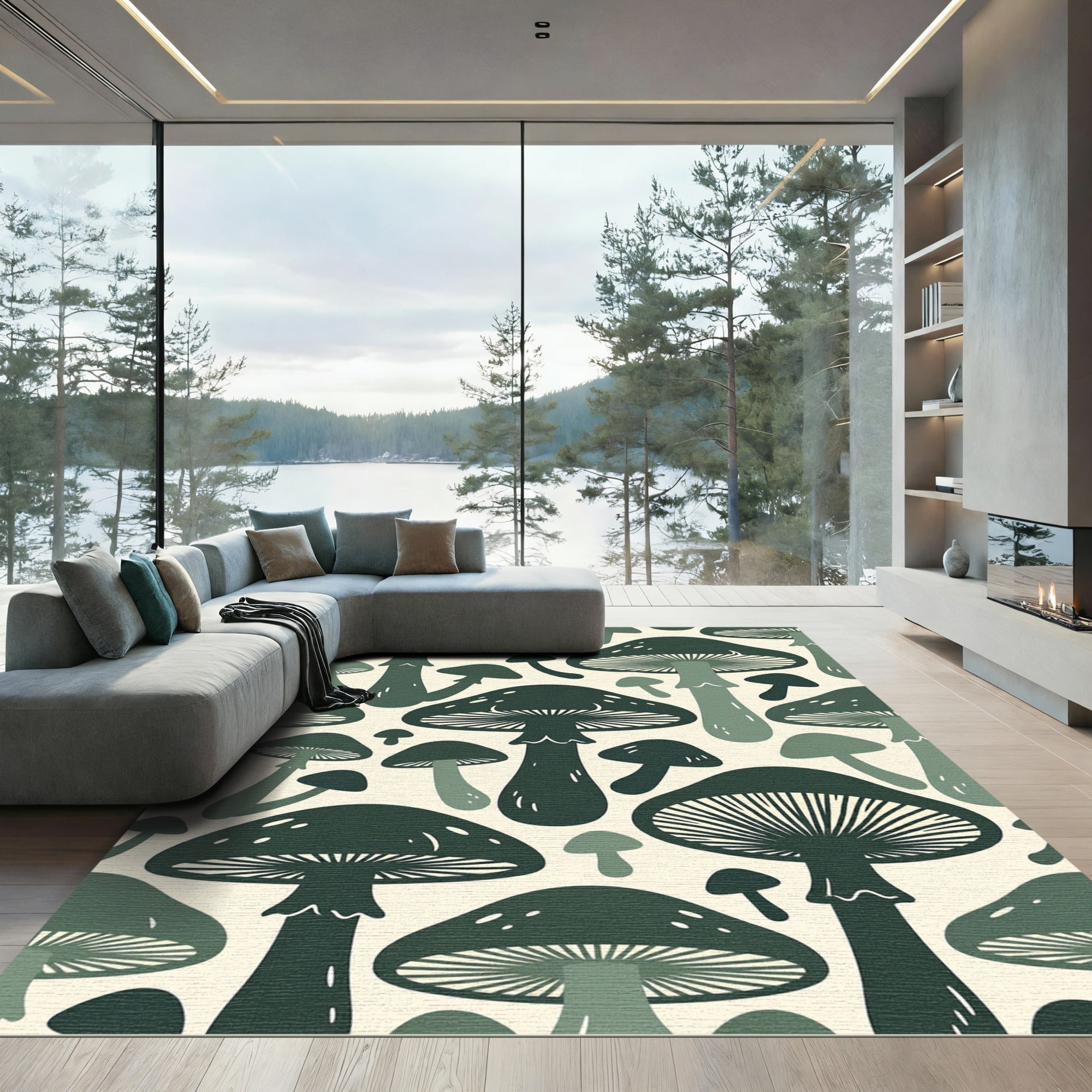 Dark Green Whimsical Botanical Mushroom Forest Rug