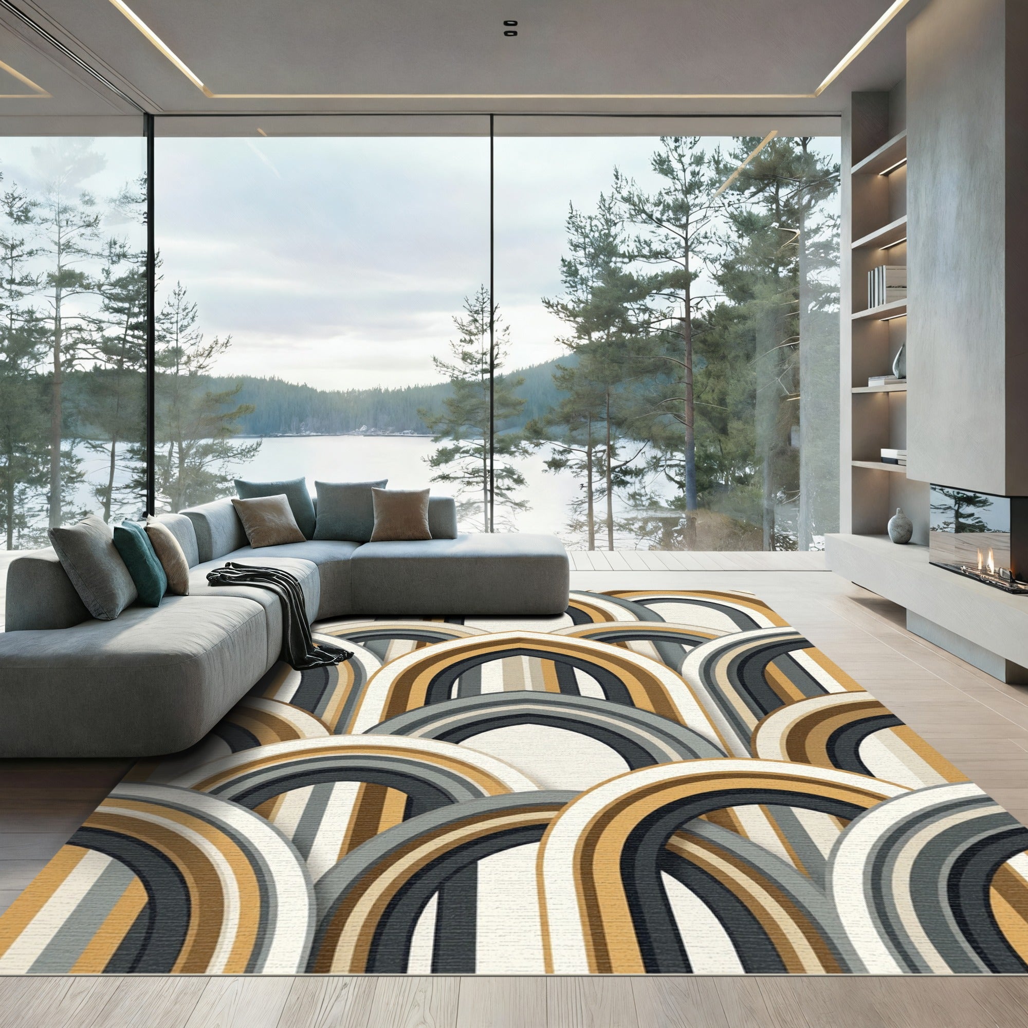 Mid-Century Gold and Charcoal Arch Rug