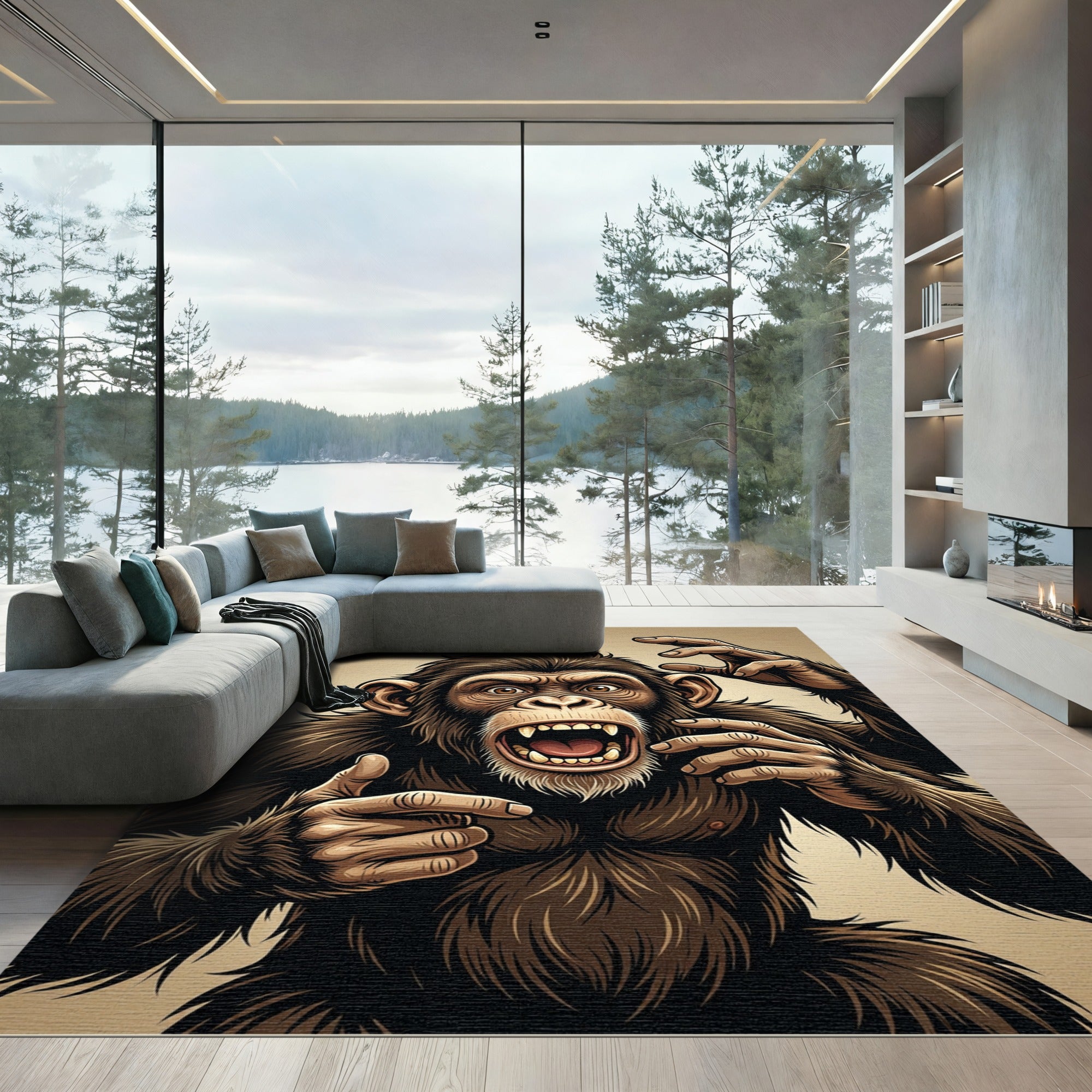 Aggressive Brown Primate Illustration Art Rug