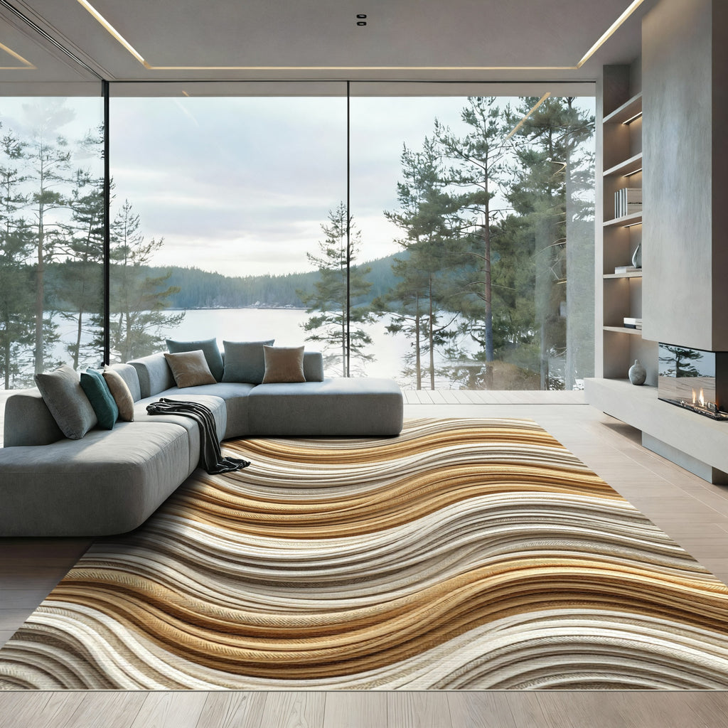 Textured Gold Cream Wave Rug